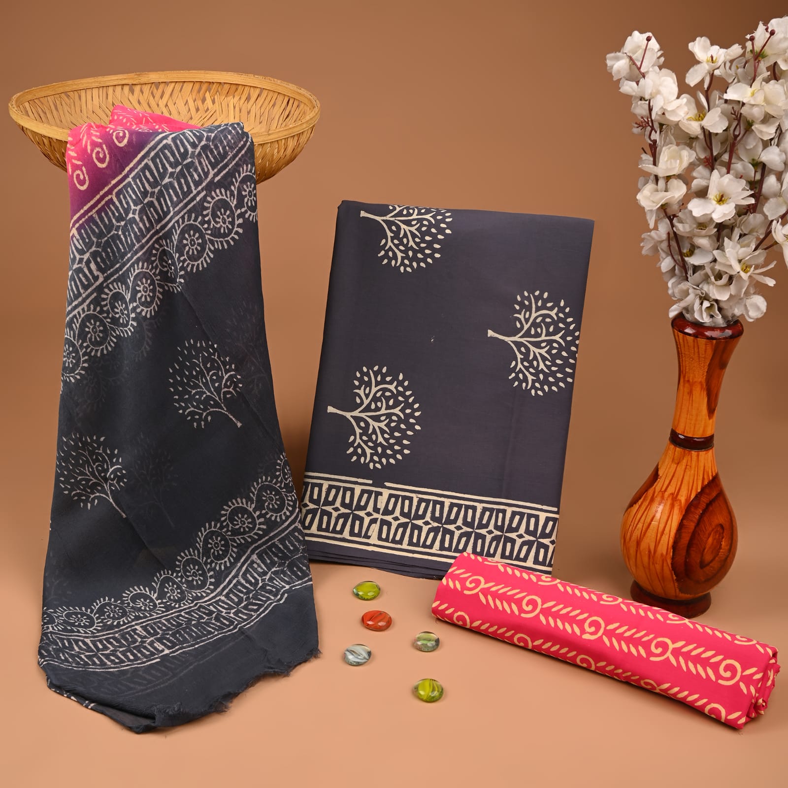 grey pink big butta handblock printed cotton dress material with chiffon dupatta wholesale India supplier for designers Fabtexs